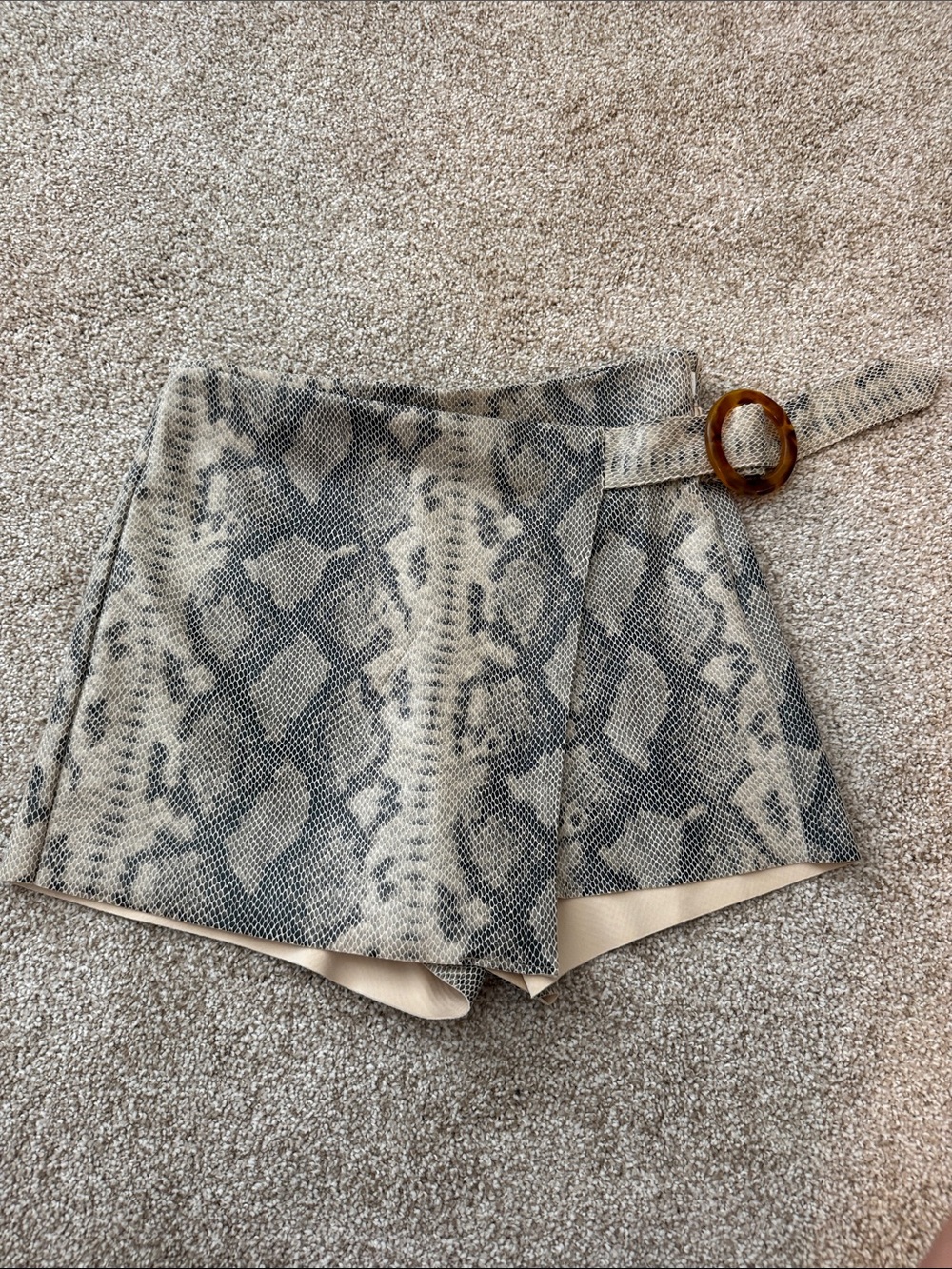 Zara Snake-Print Wrap Skort in Beige and Charcoal with Buckle